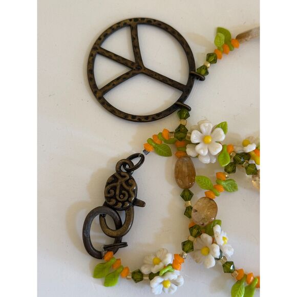 Lucky Brand Beaded Peace Sign Pendant Necklace & Earrings 70s Groovy Jewelry Set - Picture 4 of 7